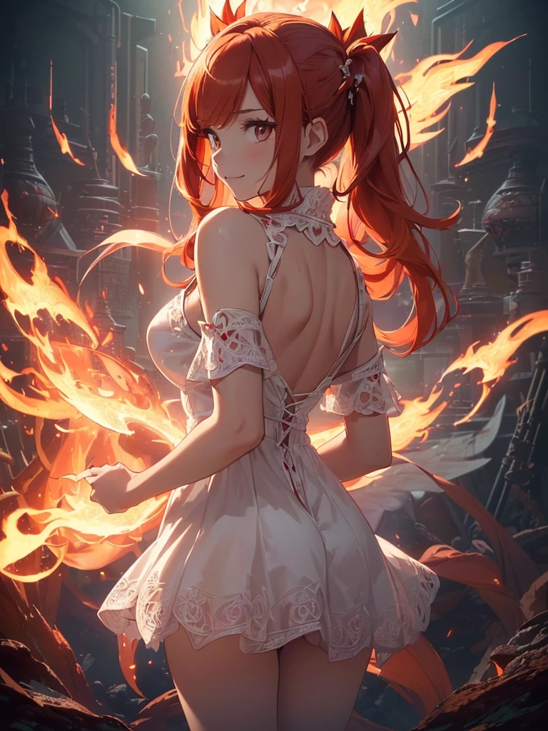 (((best quality, sharp image, clear image, cinematic lighting, 8k resolution, masterpiece, ultra detailed, intricate))) Girl, (((looking over left shoulder))), (shot from behind), ((half shot)), fiery red hair, pigtails, ((white dress)), ((flaming sigils, flaming runes)), spiky rock formations, (flaming lotus flowers frame), (intricate background), ((Phoenix)), (swirling flames), smiling