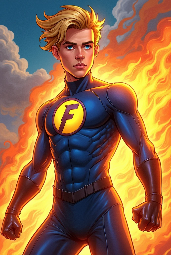 Crie uma imagem de Johnny Storm, a 15-year-old superhero, who is part of a quartet. Johnny has a face similar to actor Jacob Tremblay, with blonde hair and bright blue eyes. He is wearing a uniform similar to the Fantastic Four, with an 'F' emblem on his chest. He should be in a confident and energetic pose, with a determined and daring expression on his face, ready for action. dynamic and heroic nature of the character. 
