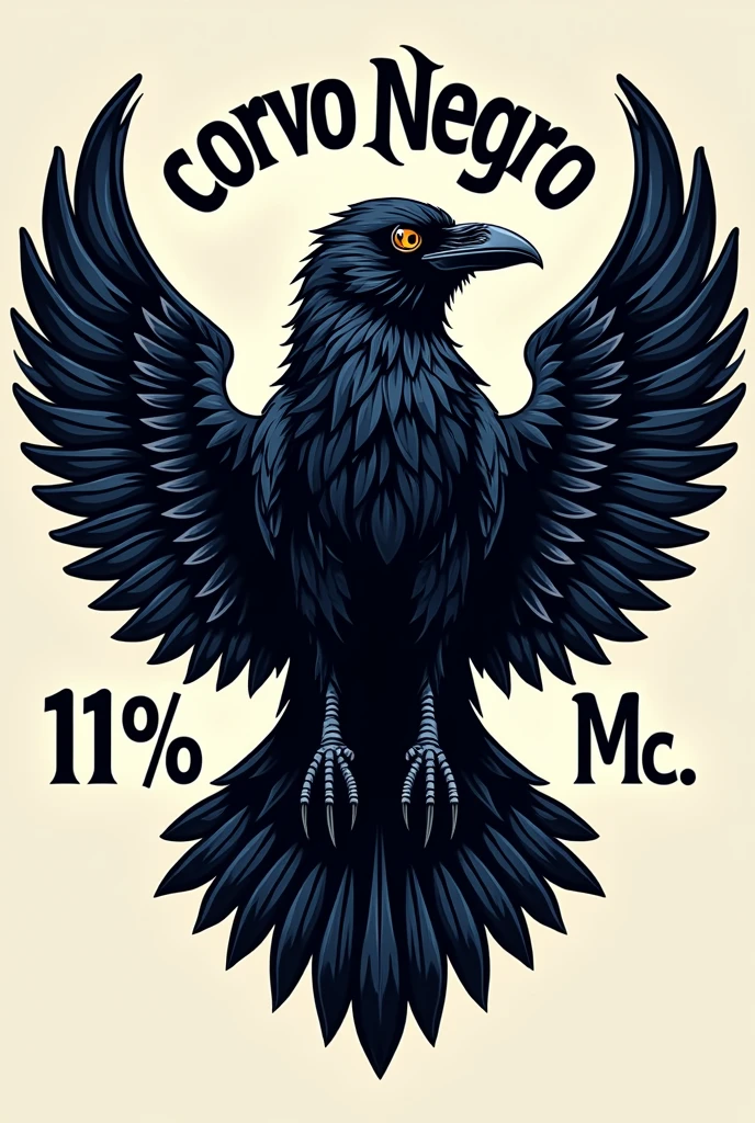 A stylized raven should be the central focus of the logo, symbolizing mystery and boldness. The crow may be in flight or perched, with striking details such as feathers or claws, to convey a sense of strength and independence.For details and additional elements, as highlights in the crow.Predominant to symbolize the raven and the club's identity.como cor de destaque, can be used for bold details, like the eyes of a crow or to create contrast.Use shading to give the crow depth and a touch of texture to highlight its shape and personality..The crow can be centered with the name "corvo Negro" above the crow. com nome "1%" on the left side and "M.c." on the right side.