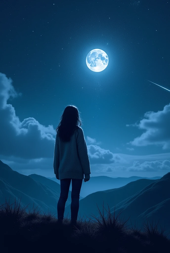 A realistic image of a person staring at sky at night time