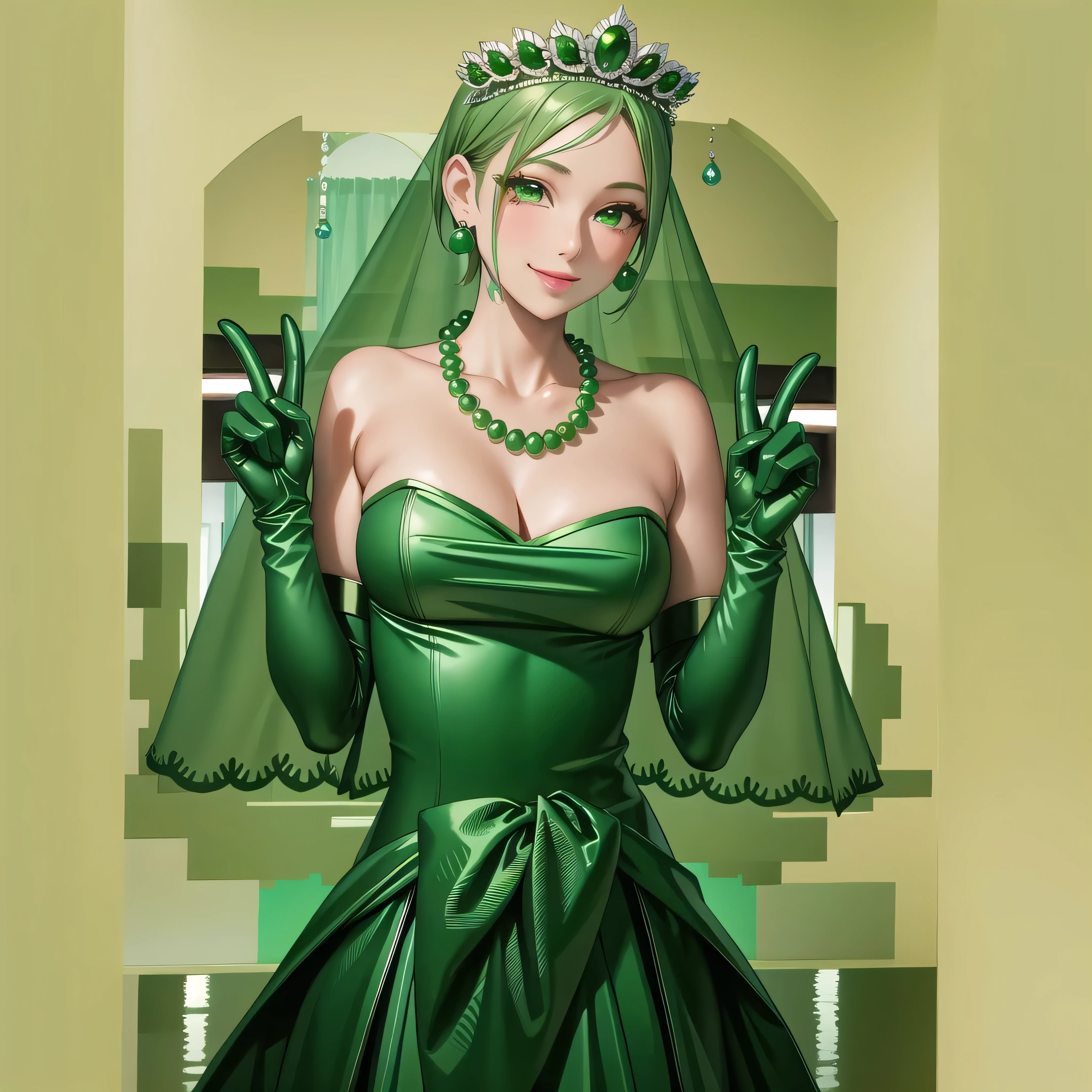 Emerald tiara, Green Pearl Necklace, Boyish very short green hair, Green Lips, Smiling Japanese woman, Very short hair, Busty beautiful lady, Green Eyes, Green satin long gloves, Green Eyes, Emerald Earrings, Green veil, all, Green Hair, Beautiful Japanese Woman, green lip gloss