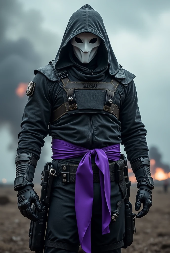 A warrior with a white mask wearing a call of duty ghost-like uniform with a purple ribbon around his waist.