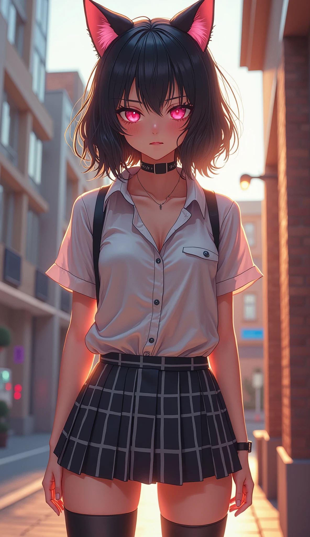 (((There is one girl:1.5)))，Waifu  E-girl, Cat Ears, Cat Tail, ((Glowing-Pink-Eyes))，(((A tall high school girl with a model figure)))，Perfect proportions，(Standing facing this)，Full body photography，(wide thighs, Very long legs)，Fleshy，Mid-chest，(((Cleavage)))，Breast enlargement，swelling of the nipples，Unbutton your shirt，Loafer Asterpiece on the ground:1.3)，((8k, Photorealistic:1.4))，((Surreal，RAW Photos, highest quality: 1.4))，((Ultra high definition，Super detailed)), Beautiful Face，((Realistic face)，(Brown's shortcuts:1.3))，Short Hair，Disheveled Hair，Fluffy hair，Detailed eyes，Realistic beautiful skin，Golden Ratio，Super cute，Open your mouth a little，smile，High school girl in summer clothes，White shirt，Sweaty，Wetty，(Wet shirt)，See-through shirt，Light clothing，Surreal school girl，pleated micro mini skirt，Checkered micro mini skirt，Pleated miniskirt with tartan check，((I can see your panties！！))，pantyhose，(Black Stockings)，((Knee-high stockings))，loafers，Esbian all over，High school girl wearing JK uniform，Sexy pose，Anatomically accurate body，Precisely drawn fingers，