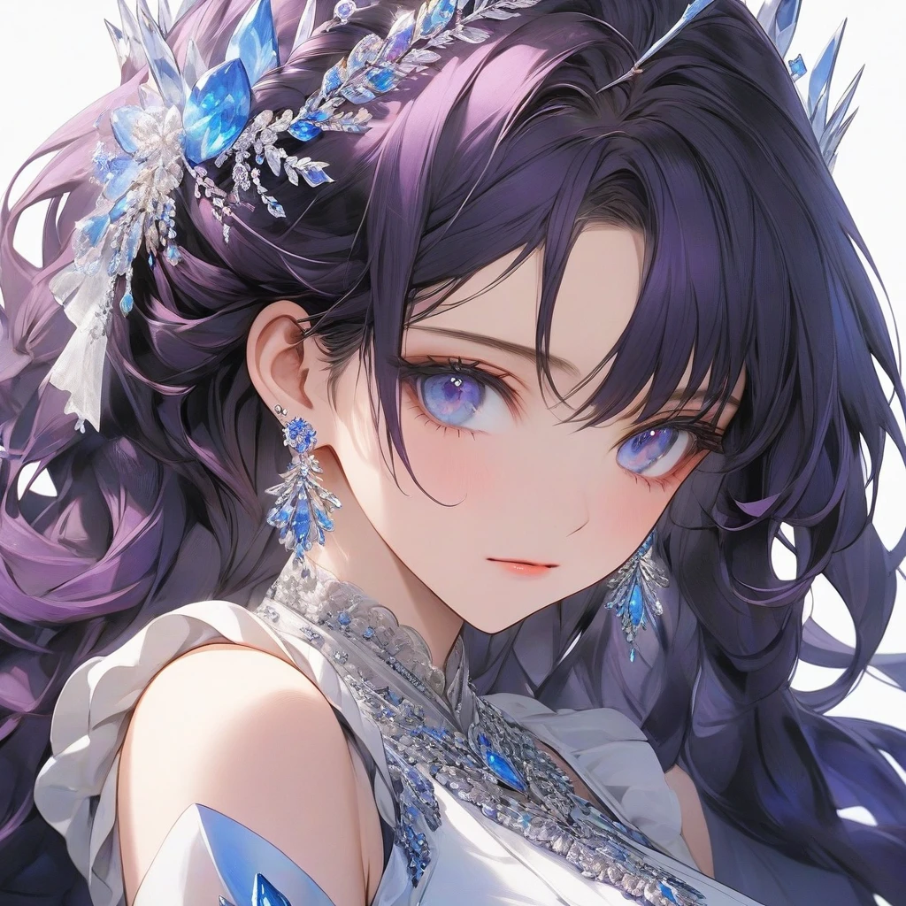 high resolution, Masterpiece, Anatomically correct, precise, qualityที่ดีที่สุด, quality, 1 woman, Age 20 years, very long hair, dark purple hair, icy blue eyes, Unique hairstyles, big breasts, earring, Dark makeup, A cold expression., simple background, Close-up photography, decorations, Anime style , royality , princress ,cute