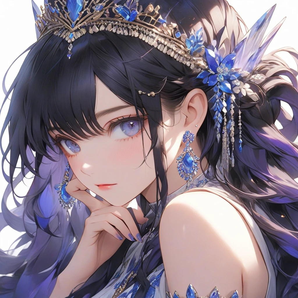 high resolution, Masterpiece, Anatomically correct, precise, qualityที่ดีที่สุด, quality, 1 woman, Age 20 years, very long hair, dark purple hair, icy blue eyes, Unique hairstyles, big breasts, earring, Dark makeup, A shy expression., simple background, Close-up photography, decorations, Anime style , royality , princress ,cute