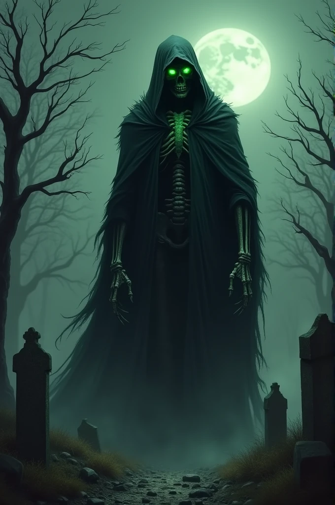 Create an original yokai named Shikabiki. This yokai has pale, corpse-like skin, moves very slowly, has hollow eyes, emits a decaying odor, a body covered in countless wounds, quietly moans, and constantly pursues anyone it sees. The background is within a graveyard, emphasizing a relentless and eerie atmosphere.