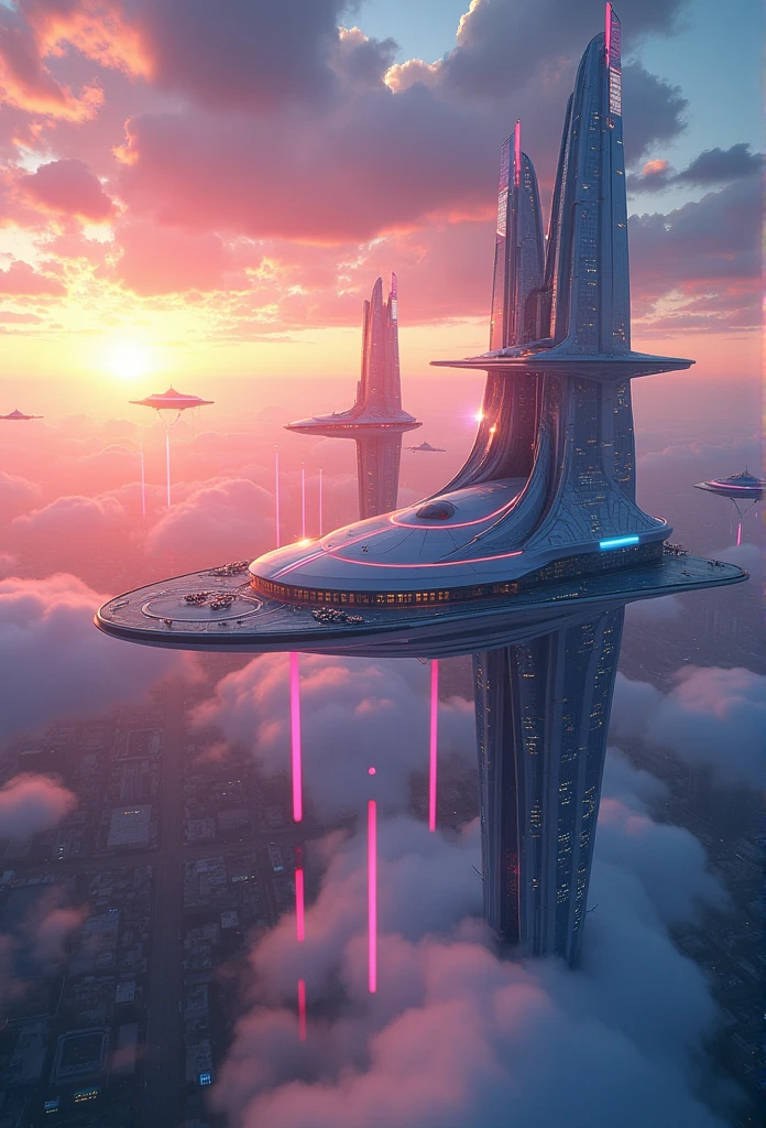 Create futuristic indonesia monas hyperealist works of art, Imagine a floating city in the sky, with complex architectural structures and advanced technology. Paint this futuristic city with a wealth of detail, capturing the bright lights, suspended platforms and flying vehicles that crisscross the skies