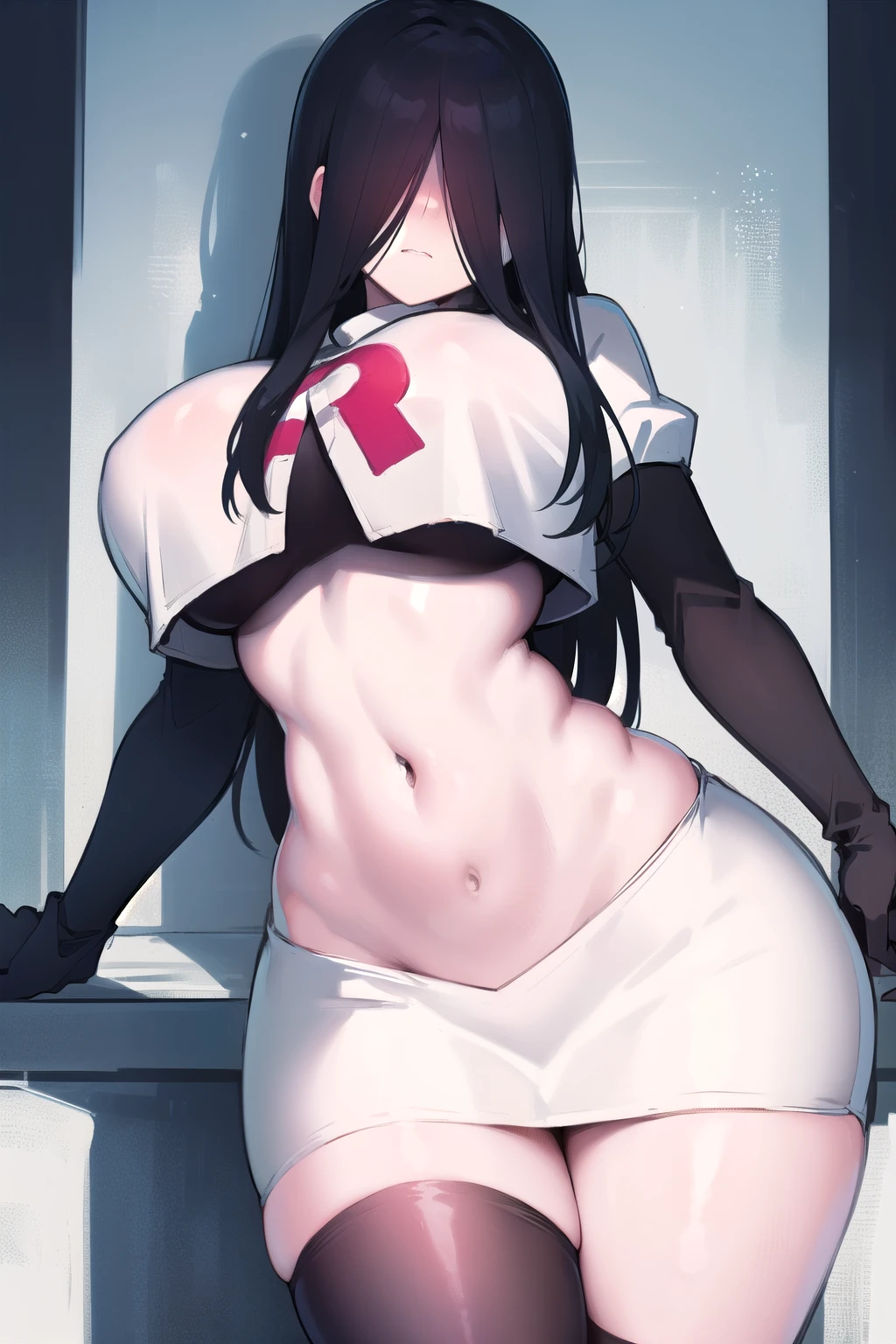 masterpiece, detailed, high quality, absurdres, sadako, (hair over eyes), pale skin, blush, large breasts, curvy, navel, stomach, groin, team rocket,team rocket uniform,white skirt,red letter R,crop top,black thigh-highs,black elbow gloves, cowboy shot,