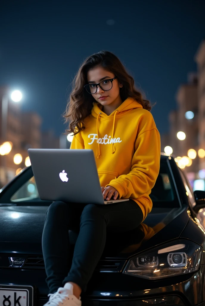 A Pakistani 20 years old Cute girl at Night time wearing a yellow hoodie with name, Fatima, write on it, He has beautiful hair style and wearing stylish black rey-ban glasses, is sitting casually on top of a black sports car, on road side using his laptop Apple Laptop. The car has license plates that read Fatima. The girl appears to be focused on his work or leisure activity while enjoying the comfort of the vehicle. realistic 32k