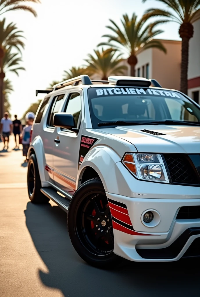 A white 2005 Pathfinder R51 with stripes on the sides, dark tinted windows, and racing decorations.