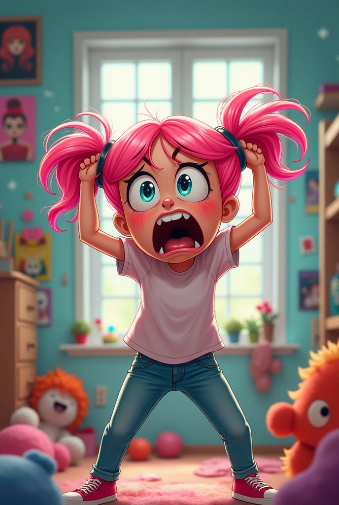A screaming tween girl pulling her pigtails