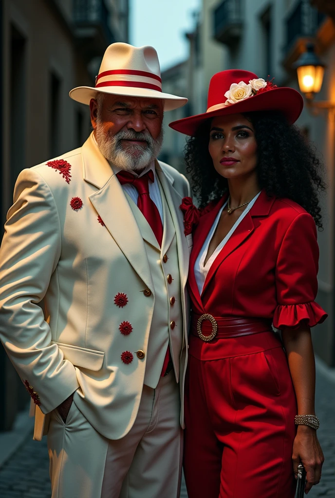 A couple of crooks, Zé pelintra an older man 80 years old , charming, blacksad, White hat with red, wide smile, White suit with red chalet, Beside him a woman of 70 years old, formosa com cabelos blacksads e cacheados, Dressed in red and white, On her head a red hat with white roses, in the girl's hands a knife, the girl has a serious expression and striking eyes , The two walk along a stone street at night.