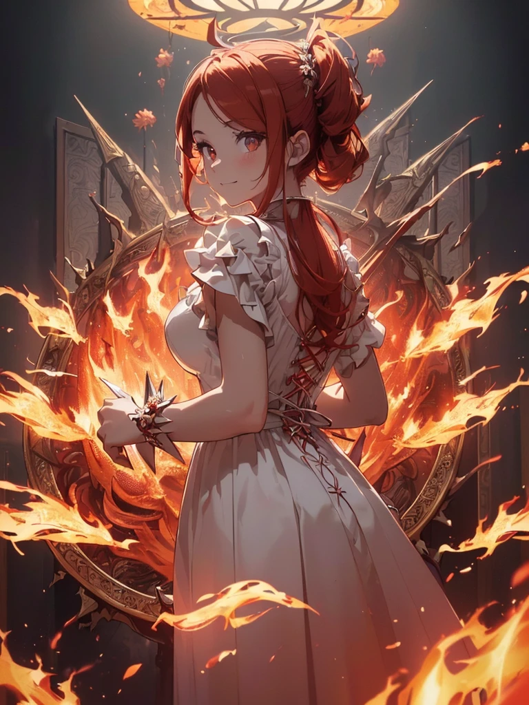 (((best quality, sharp image, clear image, cinematic lighting, 8k resolution, masterpiece, ultra detailed, intricate))) Girl, (((looking over left shoulder))), (shot from behind), ((half shot)), fiery red hair, pigtails, ((white dress)), ((flaming sigils, flaming runes)), spiky rock formations, (flaming lotus flowers frame), (intricate background), ((Phoenix)), (swirling flames), smiling