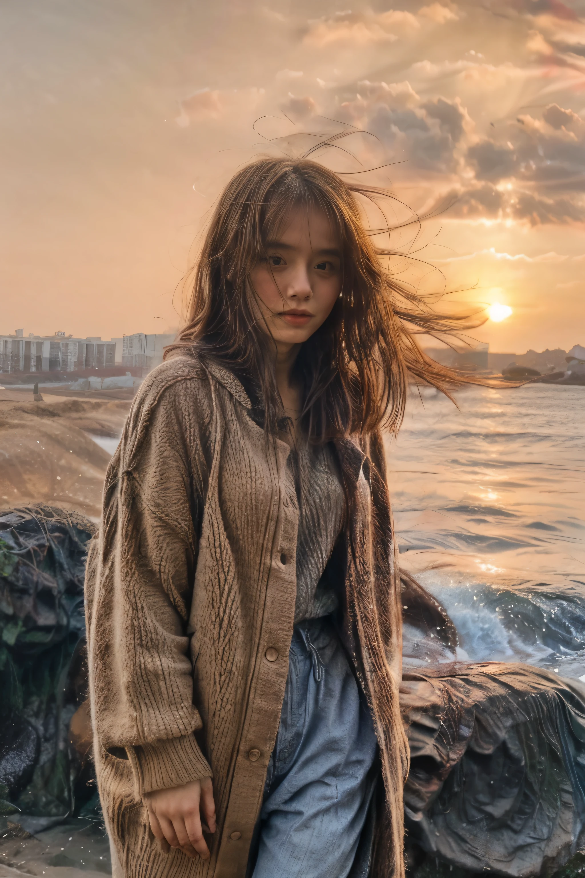 A girl standing by the sea. Watching the sunset