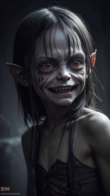 a creepy detailed little boogieman girl, naked, long sharp teeth, dark shadowy eyes, sinister smile, dark mysterious background, face like Gollum, in action, dark eerie atmosphere, dramatic chiaroscuro lighting, dark fantasy, gothic, horror, (best quality,4k,8k,highres,masterpiece:1.2),ultra-detailed,(realistic,photorealistic,photo-realistic:1.37)