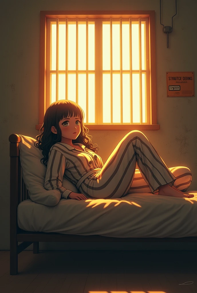 (photorealism:1.2), anime girl , sitting on bed, wearing wery big prison striped jumpsuit, jumpsuit have buttons,long curly hair, indoors, soft lighting, window with sunlight, prison cell , relaxed pose, anime, intricate details, 