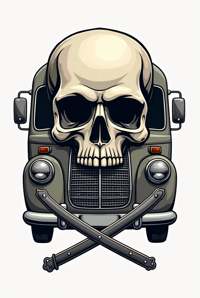 "Design a unique and stylish logo that merges the essence of a classic Mercedes 11-14 bus with a sophisticated barber shop. The logo should feature a front view of the bus, but instead of a windshield, place a sleek skull with a finely curled mustache. The mustache should be prominent and elegantly styled, evoking a vintage barber shop vibe. Incorporate the bus’s iconic headlights and grille, subtly morphing them into the shape of barber poles or combs on either side of the skull. Below the bus and skull combination, add a pair of straight razors crossed, with the blades forming the bottom part of the logo. Use a minimalist color palette with metallic accents to give the logo a modern, classy feel, blending the rugged charm of the bus with the refined appeal of a traditional barber shop.