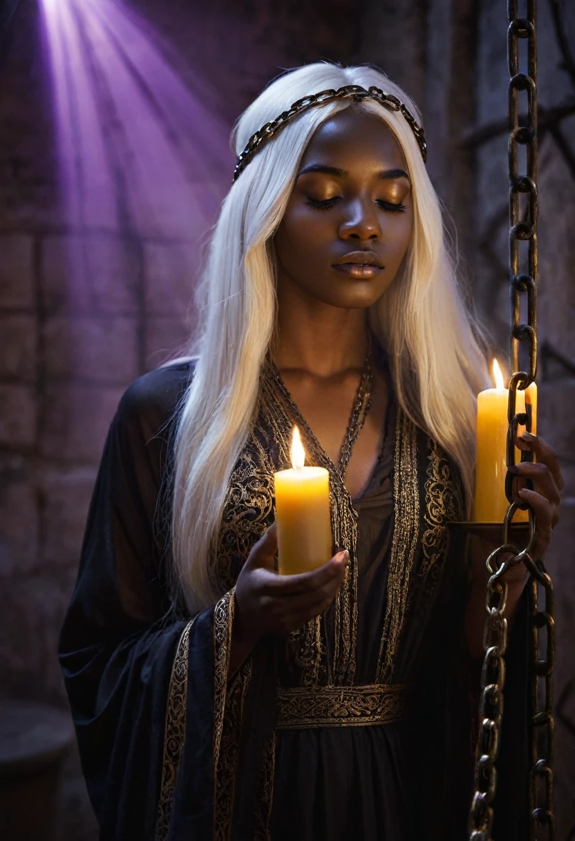 Start with a golden cage bathed in a mysterious black light, creating a sense of confinement and secrecy. The golden cage should have intricate details like iron bars and chains, suggesting imprisonment or restraint, BREAK
In the center of this golden cage, depict a (((beautiful))) darkskin androgen with long white hair, blindfolded with a black cloth. She should be in a prayerful pose, offering her prayers with an expression of serene solemnity. Her beautiful unique features, like alabaster skin and possibly discernible white hair, should stand out against the dark setting, BREAK
Include details like flickering candlelight in the foreground, casting a warm glow and creating shadows that dance across the girl and the room. The candlelight should provide the main source of illumination, adding to the mystical and somber atmosphere, BREAK
Apply a shallow focus effect to the image, where the girl and the nearest elements like the candlelight and some of the chains are in sharp focus, while the background, including parts of the room and some iron bars, softly blur into the purple light, BREAK
Ensure the overall atmosphere of the image is one of solemnity and mystery, with the androgen's sacred presence and the room's eerie ambiance synergistically creating a powerful visual narrative.