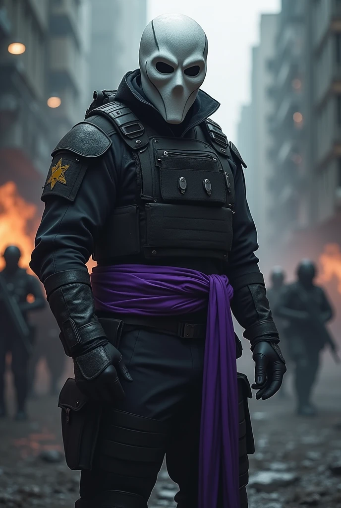 A warrior with a white mask with a uniform like Call of Duty Ghost with a purple ribbon around his waist and with white eyes