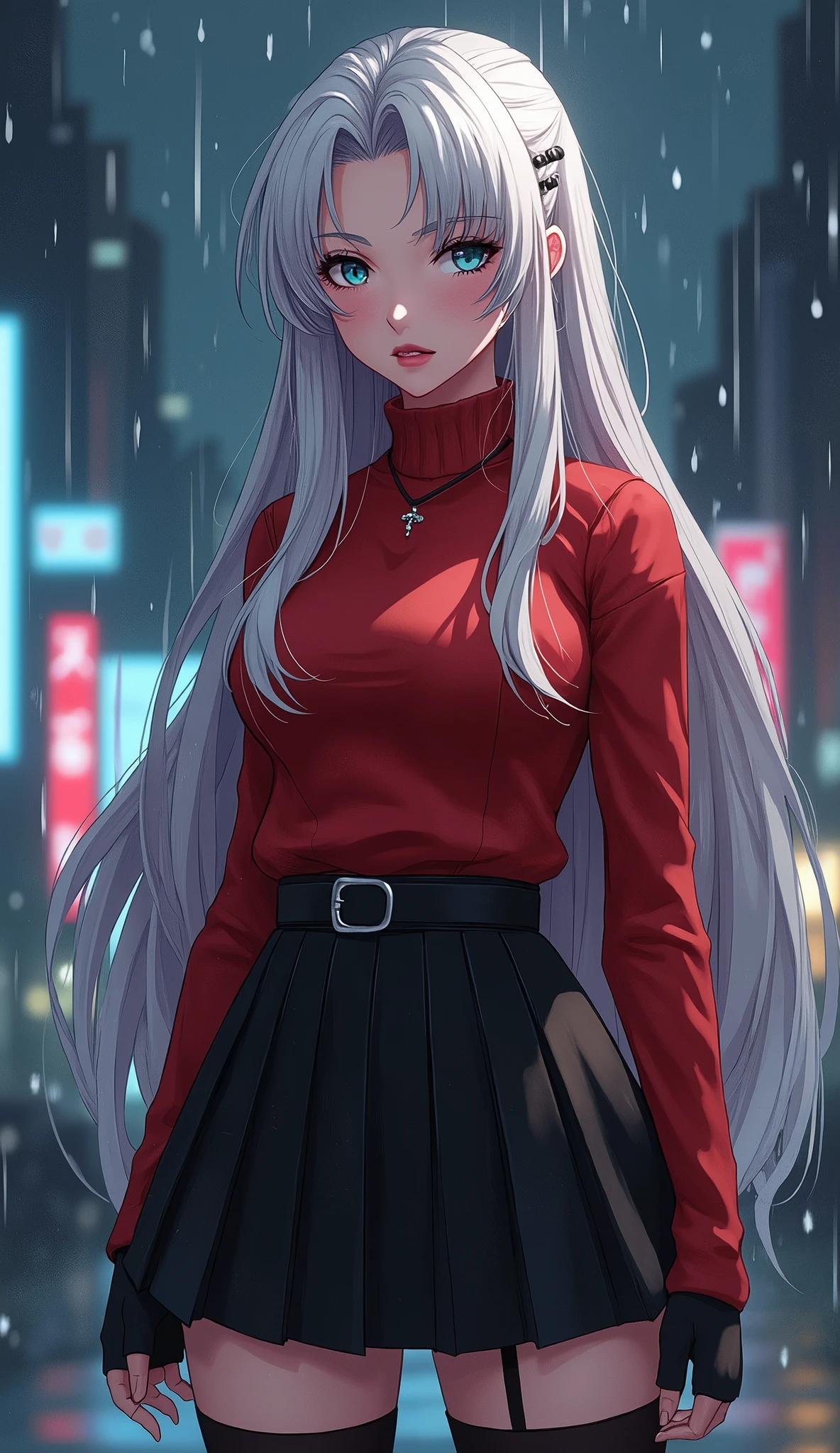 photorealistic,Realistic illustration in Modelshoot style,((masterpiece)),((The best quality)),((Ultra Quality)),((ultra detailed)),((1girl long white hair)),((Only)),((waifu:1.5)),Perfect anatomy,perfect hands,beautiful cuerpo,beautiful_method,ulzzang-6500-v1,e-chica,((Exceptionally Beauty Waifu Princess Tifa Lockhart)),rintohsaka, rin tohsaka, aqua eyes, black hair, hair ribbon, long hair, ribbon, sidelocks, two side up, black skirt, black thighhighs, long sleeves, miniskirt, pleated skirt, ((red sweater)), skirt, sweater, thighhighs, turtleneck, city background, sitting, character sheet, upper body, portrait, looking at viewer,((bright-pink_eyes)),long wavy hair, ((white hair)),hair clips,eyeliner,cute makeup,lipstick,Glossy lipstick,with a look of terror, worry and sadness,((eyes detallados perfectos)),rainy with fog outside,evening,pink theme,bioluminiscencia,light particles,((Extremely CG Unity 8K Wallpaper)),((cinematic lighting,Best quality lights)),intricate details,Suave,sharp focus,Extremely beautiful and aesthetic,Octane rendering,Full length portrait,damp skin,((Perfect detailed body)),