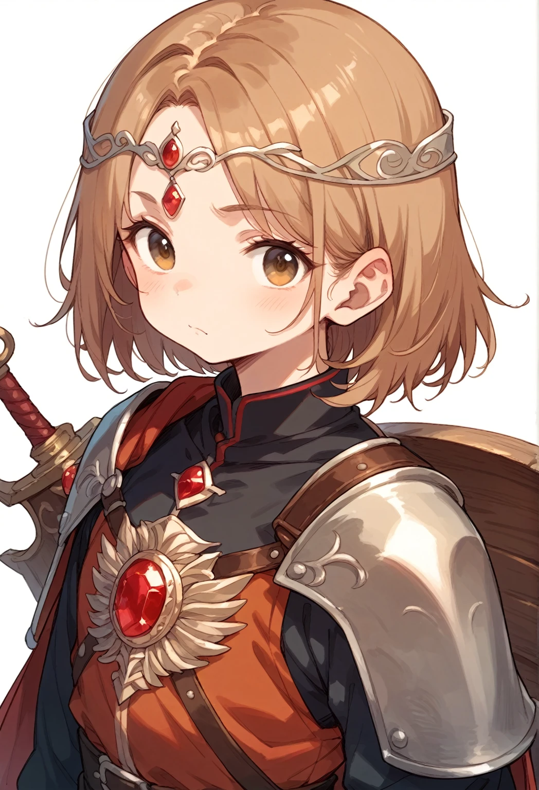Leather armor、A small circular shield in the left hand、pale brown hair、Brown Eyes、Monastic uniform、White background、Character portrait、whole body,Red gem circlet、Grinning face