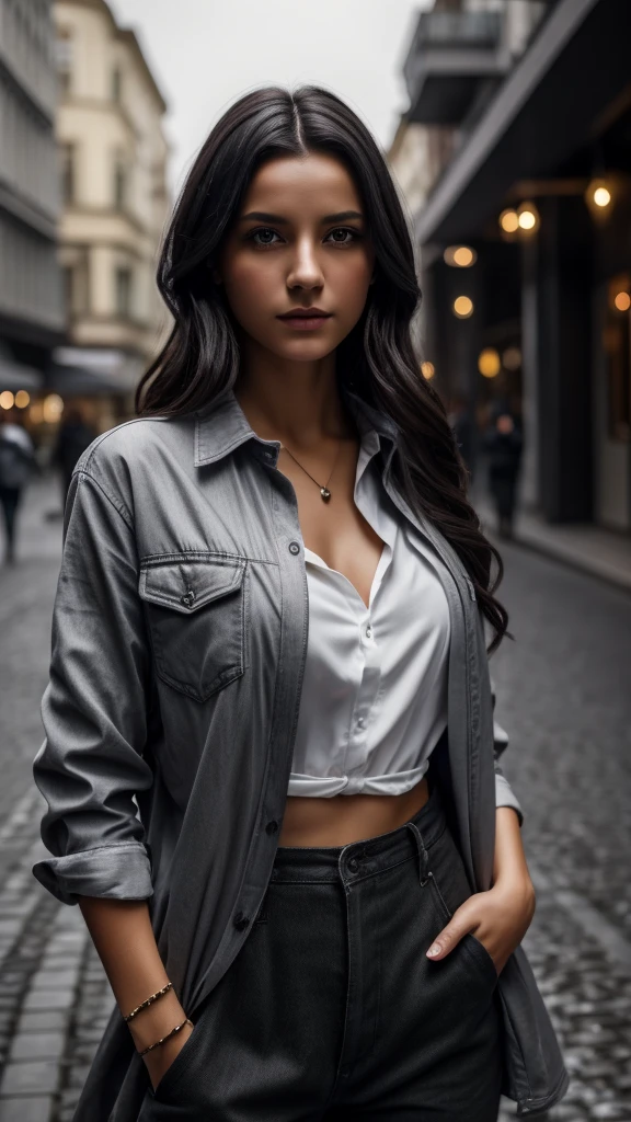 Portrait beautiful girl dark hair, gray eyes, open shirt, lachs, on the street., the design creates an atmosphere of mystery, fantasy, and magic, 8k resolution, hyper realistic