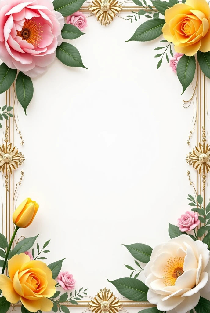 A frame for wedding card, with peonies, yellow roses, tulips and white peonies