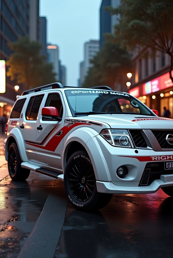 A white 2005 Pathfinder R51 with stripes on the sides, dark tinted windows, and racing decorations.