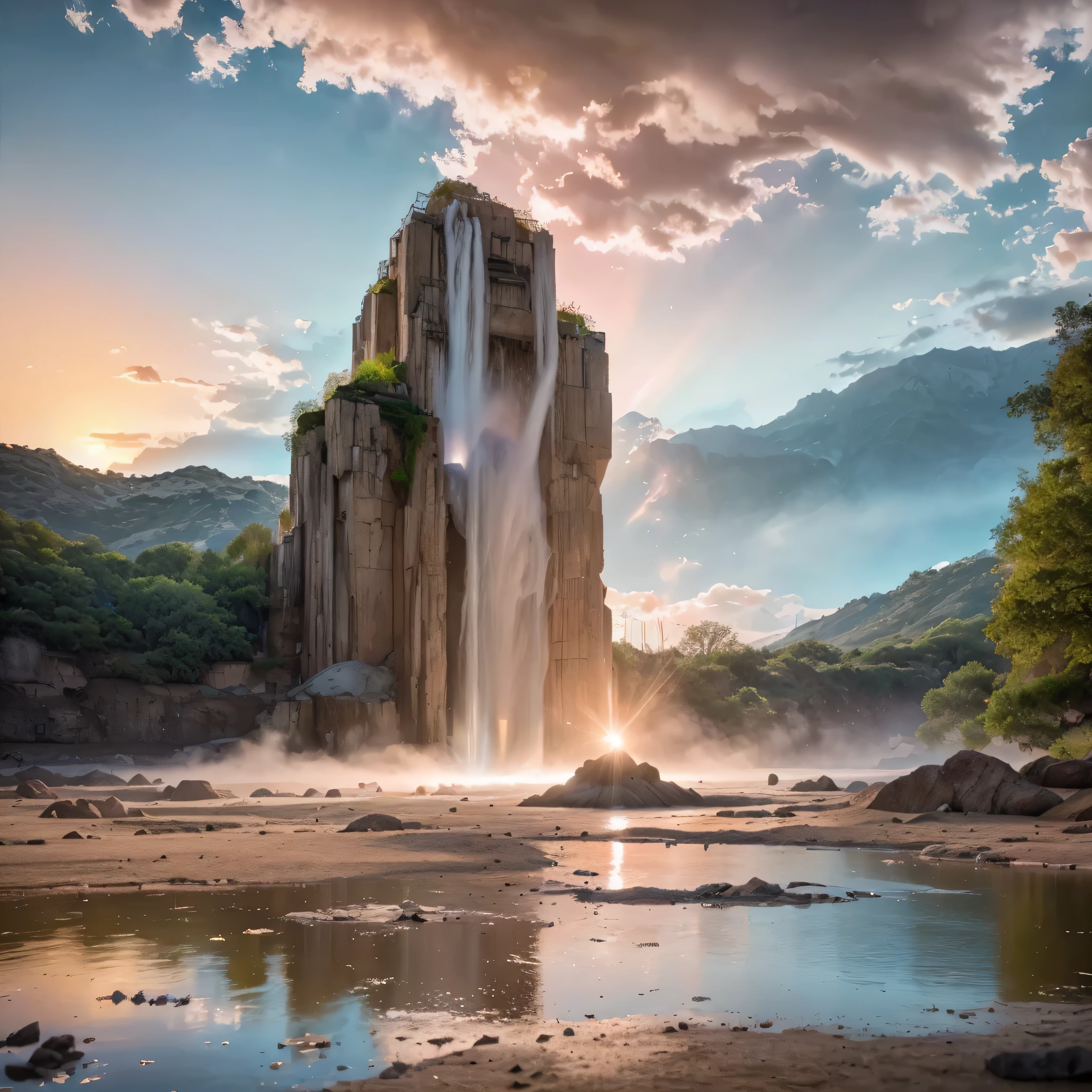 (8k, highest quality, masterpiece, final fantasy style: 1.2), (unRealistic, photoRealistic: 1.37), Dreamy landscape, epic scenes, sunset, Fantasy, Unsurreal landscapes, Super detailed, Flying futuristic Castle, Floating Island in the Sky, Seven-colored swirl of light, Intense lightning, nebulas,Complex Light, Colored light, blue clear Large Lake, Starry sky reflected on the lake surface, Countless shining stars, Meteors, Reflections , (A pillar of light emanated from the ground:1,2), (((roses and orchids gardens , bright sunset, pink and blue clouds, waterfalls in the sky, realistic style))), Hyperrealistic drawing , burning futuristic skyscrapers, , timeless realms, healing light magic effect, in a crystal clear blue magical lagoon of the fairyland, crystal clear waters with silver surface reflections, sharp focus, (close-up:0.9), (bright white theme:1.2), (bright white tone:1.2), (deep blue tone:1.3),((( realistic, Hyperrealism, vivid colours , landscapes , alien nature , science fiction themes))), mountains and abyss, water resources and waterfalls , fog ,