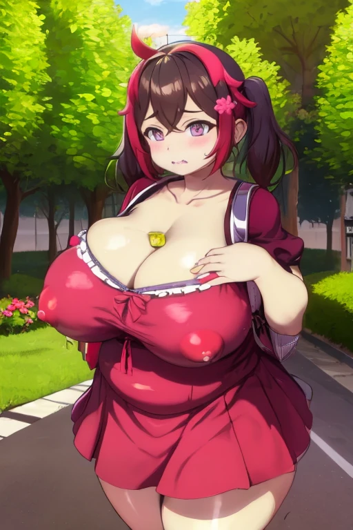 masterpiece, highest quality, nico_Yazawa,High resolution, 1 girl, alone, Brown Hair, short hair, Twin tails、Purple eyes, Cowboy Shot, Frill dress, , Pink Dress, (Cleavage)、(Beautiful thighs)、city, Outdoor, garden, carrying a red school bag, (randoseru backpack:1.0)、Chibi Cute:1.5
((((Breast milk))))((((Big Breasts))))(マンコ)、((Nipples))
