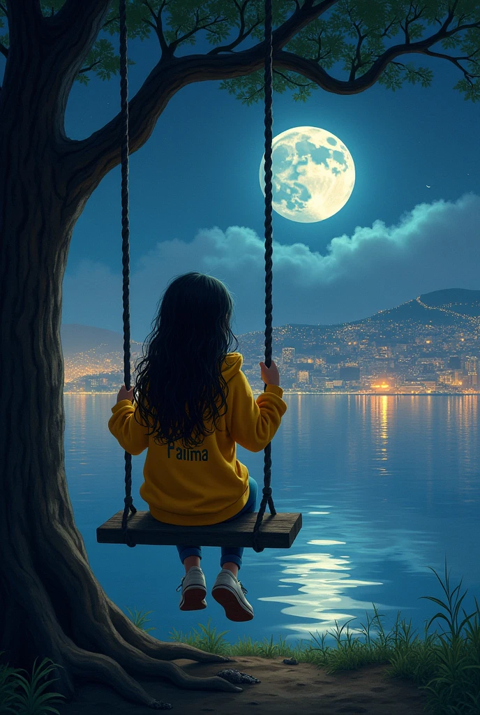 A young girl is sitting on a swing in front of a beautiful moonlit cityscape and the girl is wearing a yellow hoodie name written Fatima written on hoodie. girl, and she looking at the moon. The image has a soft, romantic feel to it.