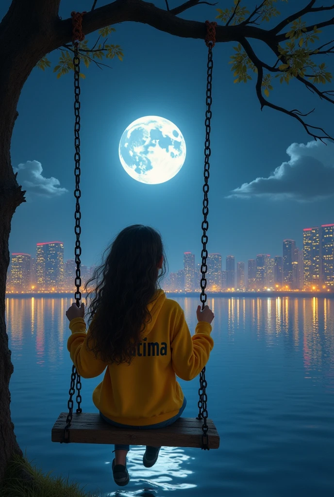 A young girl is sitting on a swing in front of a beautiful moonlit cityscape and the girl is wearing a yellow hoodie name written Fatima written on hoodie. girl, and she looking at the moon. The image has a soft, romantic feel to it.