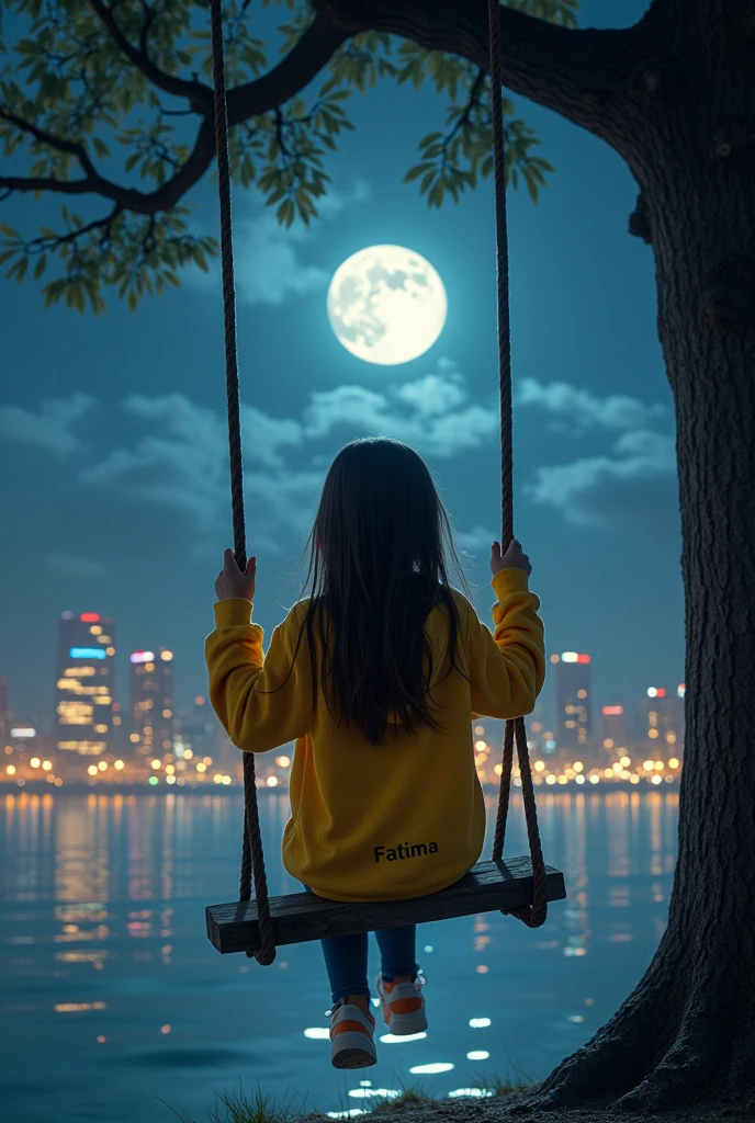 A young girl is sitting on a swing in front of a beautiful moonlit cityscape and the girl is wearing a yellow hoodie name written Fatima written on hoodie. girl, and she looking at the moon. The image has a soft, romantic feel to it.