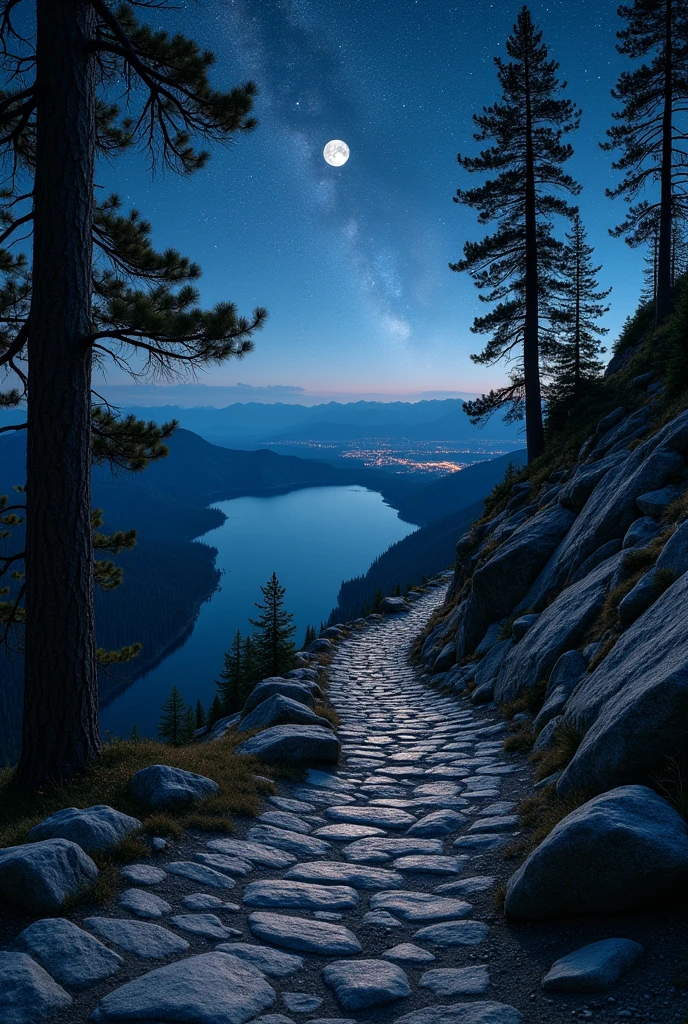 We are on top of a mountain, the floor has cobblestones. On the left and right side down the mountain there are pine trees. In the lower part we have a large round lake, He is dark. The lake is not far from the mountain. The sky is starry with beautiful stars, In the center of the sky we have a crescent moon of medium size. At the bottom of the sky we can only see the light fire