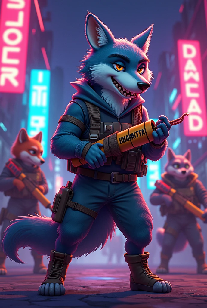 Make a chill wolf, that's holding dynamite, that belongs to a squad. gamer style, that is standing holding dynamite. a little muscular, about to throw the dynamite. That he is showing his teeth. Keep that image but now be part of a squadron 