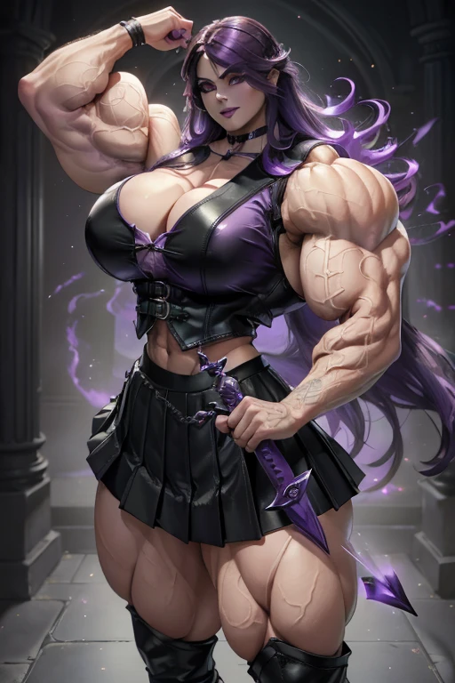 ((Close-up)), tall, (violet purple hair) beautiful muscular woman, long hair with long bangs, pale white skinned, large breast, closed smile, (black lipstick), (massive muscles), (hyper muscle), ((ginormous bulky muscles)) black eyes, (((violet leather vest))), (((long pleated skirt))), ((carrying a violet fire sword)), choker, boots, in a mystical school,