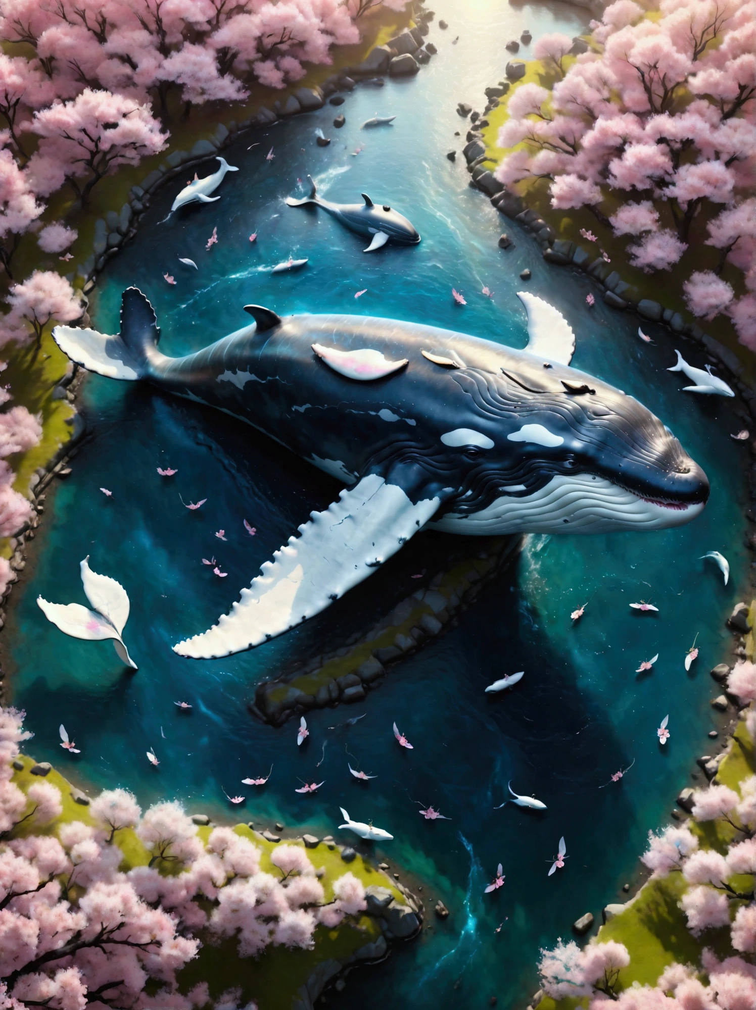 (((Huge whale soars in the sky))), (((The whale&#39;s body is surrounded by cherry blossoms))), dream world, fly in the sky, The iron tower on the ground, (Aerial view:1.3), (best quality,4K,8k,High resolution,masterpiece:1.2), Super detailed, (actual,photoactual,photo-actual:1.37), sharp focus, bright colors, Ethereal atmosphere, soft light, magic, Surrealism