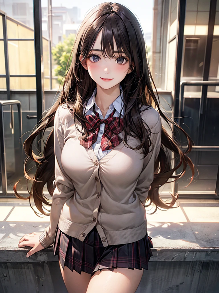 (masterpiece:1.2, top-quality), (realistic, photorealistic:1.4), beautiful illustration, 
looking at viewer, full body, front view:0.6, 
1 girl, japanese, high school girl, (long hair:1.5), blown hair, bangs, hair between eye, large breasts:1.6, busty, enhance breasts, press breasts together,
beautiful hair, beautiful face, beautiful detailed eyes, beautiful clavicle, beautiful body, beautiful chest, beautiful thigh, beautiful legs, beautiful fingers, 
(beautiful scenery), school,
((collared shirt, white shirt, school uniform, light brown cardigan, gray pleated skirt,red plaid bow tie)), white panties, lift skirt,
(dynamic pose,  hands on boobs), 
smile:1.5, naughty face