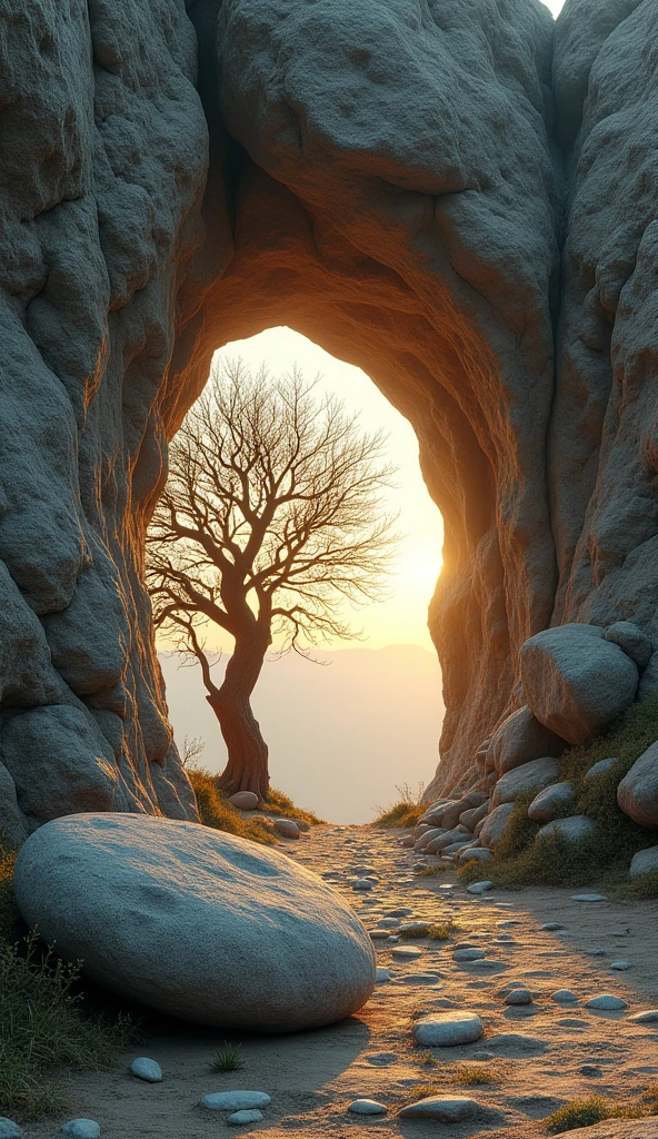 "Create the same scene, #exploring various angles# from a serene and reverent image to a nature-built entrance that leads to a sturdy, sparsely-leaved tree, Set in a rocky environment. The scene should show a large entrance carved into the rock, with a rounded or arched entrance, covered by a large round stone that seems to be out of place, as if it had been rolled to the side. The entrance to the tree should be partially illuminated by the soft light of dawn, Symbolizing something magical. The surrounding environment should be a natural landscape, with simple stones and vegetation, to create an atmosphere of peace and simplicity. Add subtle details, like a divine light or rays of light that illuminate the tree, to emphasize the significance of this single surviving tree in the world represented in this scene." explore various angles for the same scene.