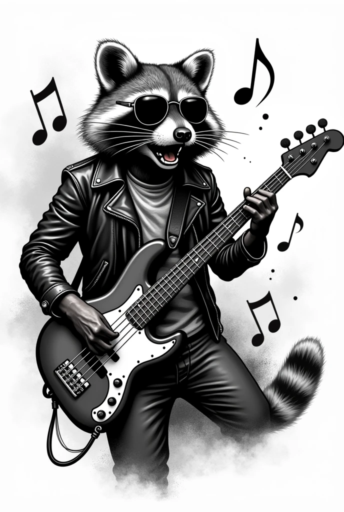 An image that I can use to make a black and white tattoo of a rocker raccoon playing bass
