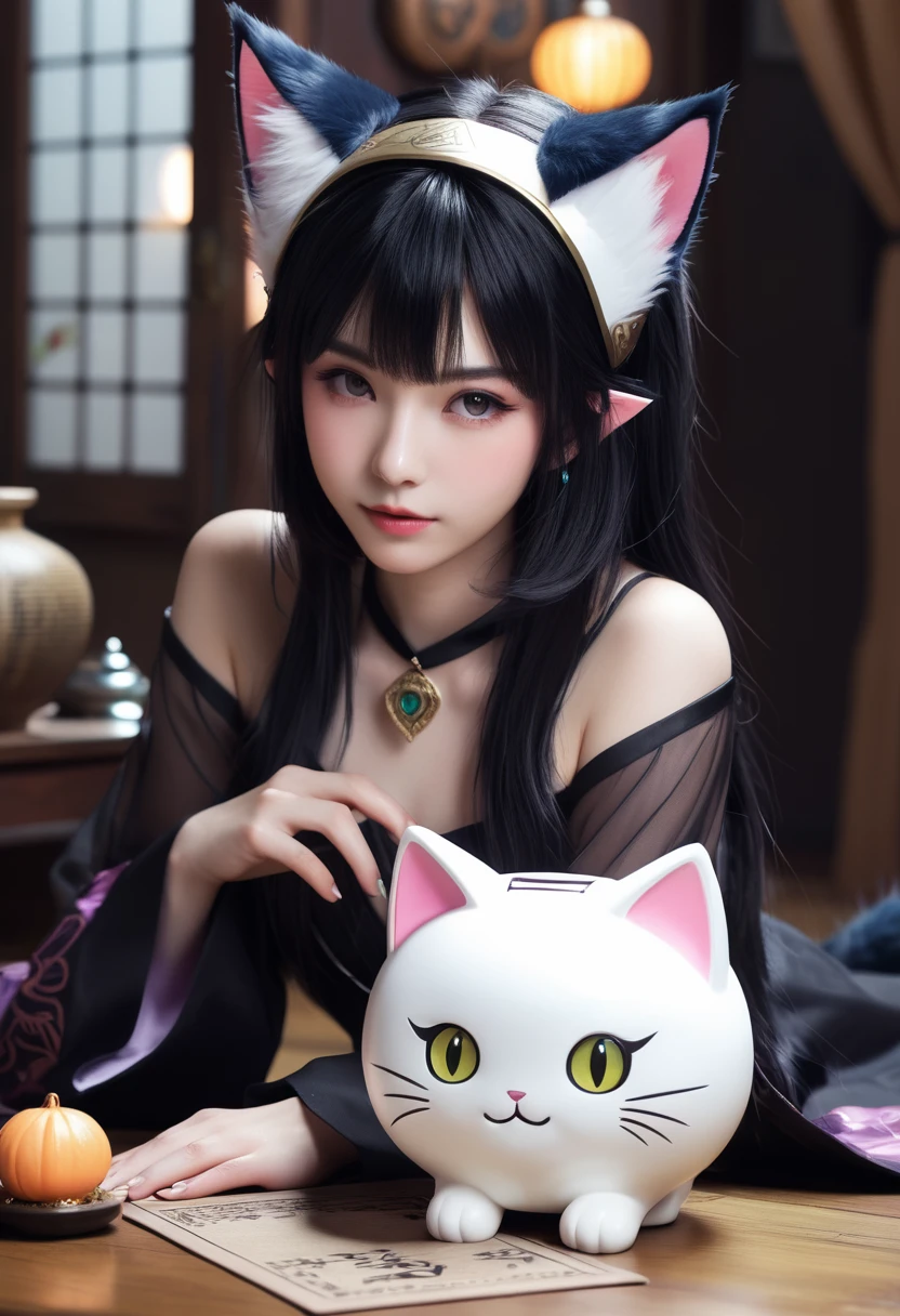 Monster Girl, Cat ear,20th Generation, fortune teller,Realistic Women, ピンクのcute部屋,Black Hair,cute