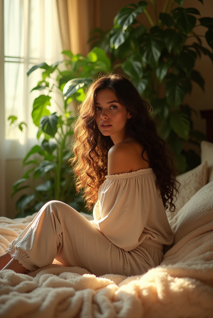 (photorealism:1.2), beautiful woman, sitting on bed, wearing loose off-shoulder top, pajama pants, long curly hair, indoors, soft lighting, plants in background, window with sunlight, cozy room, relaxed pose, realistic, intricate details, warm colors, by Greg Rutkowski, by Alphonse Mucha