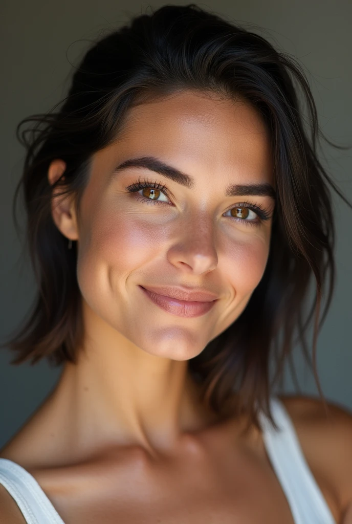 Une belle jeune femme souriante de type européen, visage rond, et bien dégagé, petit nez fin, lèvres généreuses, yeux noirs, cheveux noirs droits, coupe de cheveux moderne, pose sportive, photo en close up de face