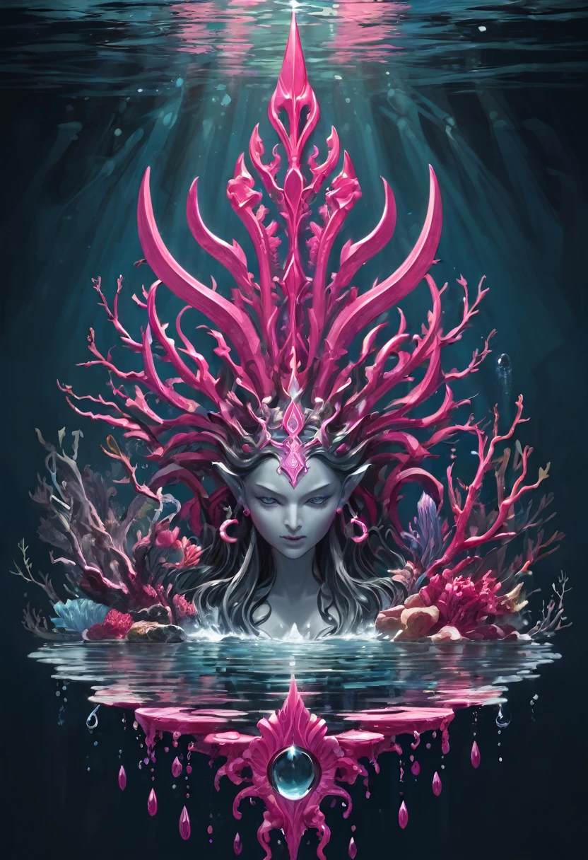 masterpiece, 8k, best quality, highly detailed, a dark pink & grey trident surrounded with water and psychic energy