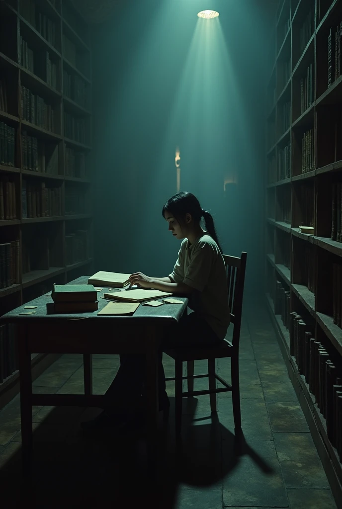 "A dark, eerie university library at midnight. The room is dimly lit, with long shadows cast by a few flickering lights. Emily, a young woman, is sitting alone at a wooden table, surrounded by tall bookshelves filled with ancient, dusty books. The atmosphere is thick with unease, and a cold breeze sweeps through the room, making papers flutter slightly."