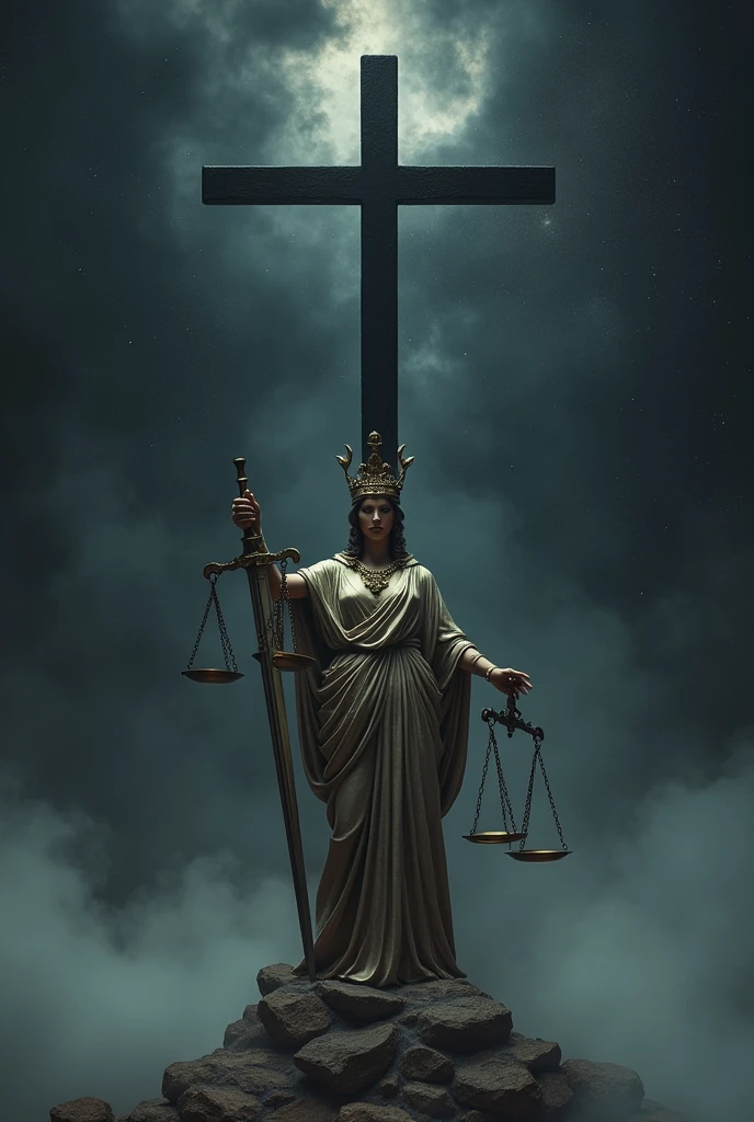 Create an image with a black inverted cross of Saint Peter with a Goddess of Justice
