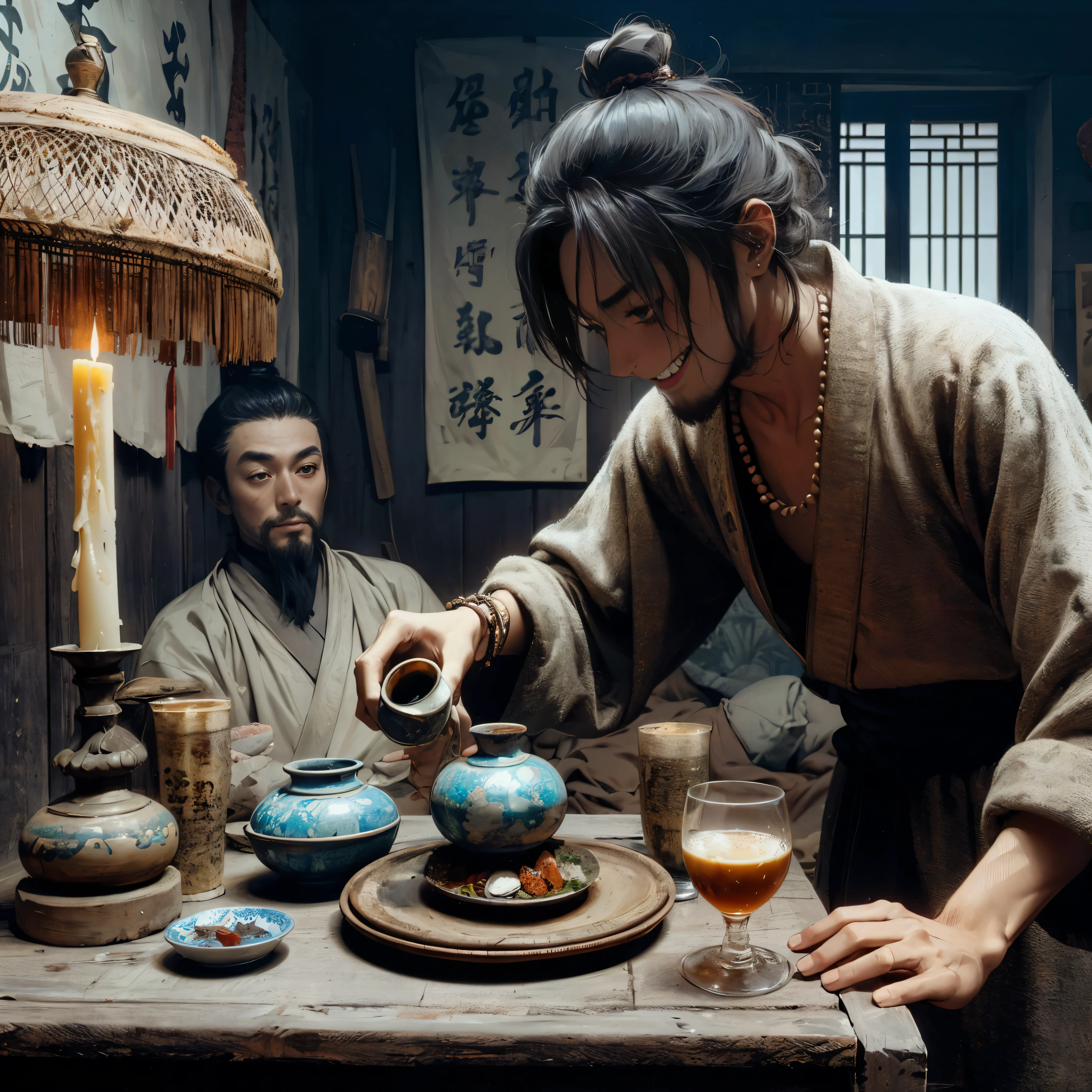 (masutepiece:1.2), (Best Quality:1.2), (high resolution:1.2), (beautiful face and eye:1.2), (sharpest focus:1.2), (Ultra-realistic Photo:1.2), (Ultra-precise Photo:1.2), (Depth of field:1.2), (perfect anatomy:1.2), (nice hands:1.2), 
(perfect hands:1.2), (Young master of a poor saloon in Song dynasty China:1.2), (Walking with a simple wine and food tray and a crude candlestick:1.0), (Horrified and cruel smile:1.5), (Hunchback:1.1), (Very dark room:1.5), 