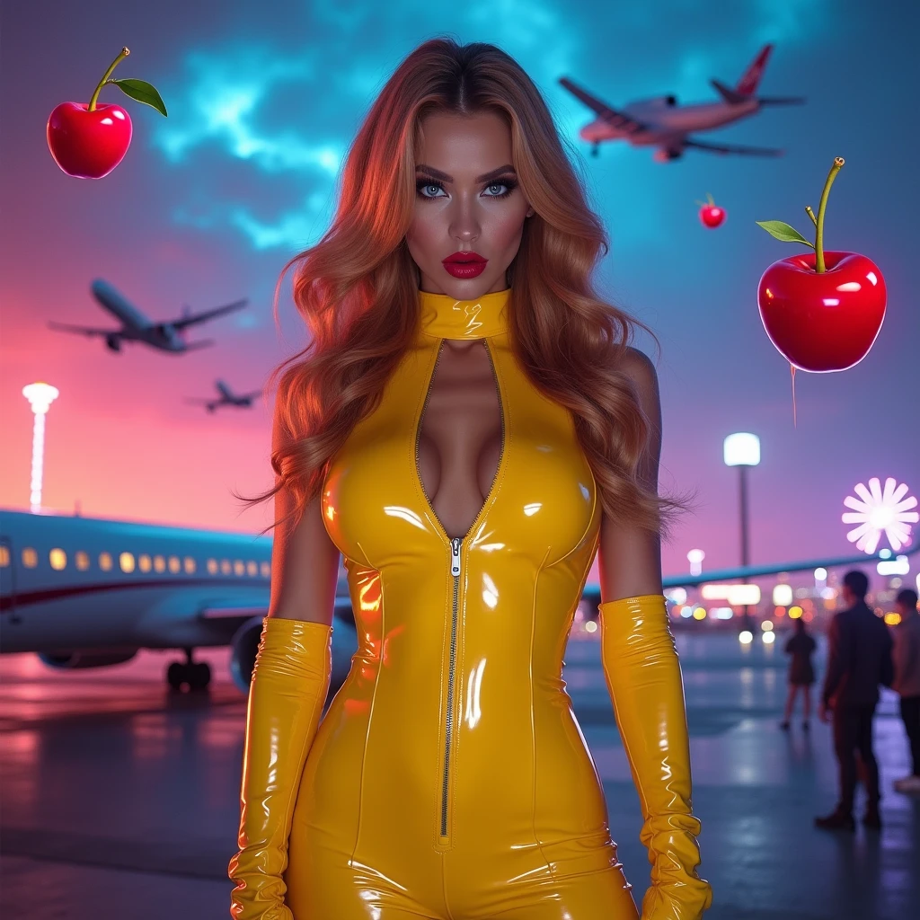 Girl macacão látex amarelo de frente de pé tênis ,morena caramelo long hair,Poison apples,Witch Queen,Red lipstick , Masterpiece, high quality, high resolution, volumetric lighting, subsurface scattering, 8k, Beautiful woman, (morena olho azul skin), neon sky, látex transparente vermelho, (large butt), large breasts, (long-sleeve blouse), (cotton-shorts:1.2), wavy ao fundo um aeroporto e avião, aeromoça