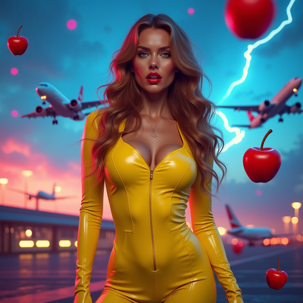 Girl macacão látex amarelo de frente de pé tênis ,morena caramelo long hair,Poison apples,Witch Queen,Red lipstick , Masterpiece, high quality, high resolution, volumetric lighting, subsurface scattering, 8k, Beautiful woman, (morena olho azul skin), neon sky, látex transparente vermelho, (large butt), large breasts, (long-sleeve blouse), (cotton-shorts:1.2), wavy ao fundo um aeroporto e avião, aeromoça