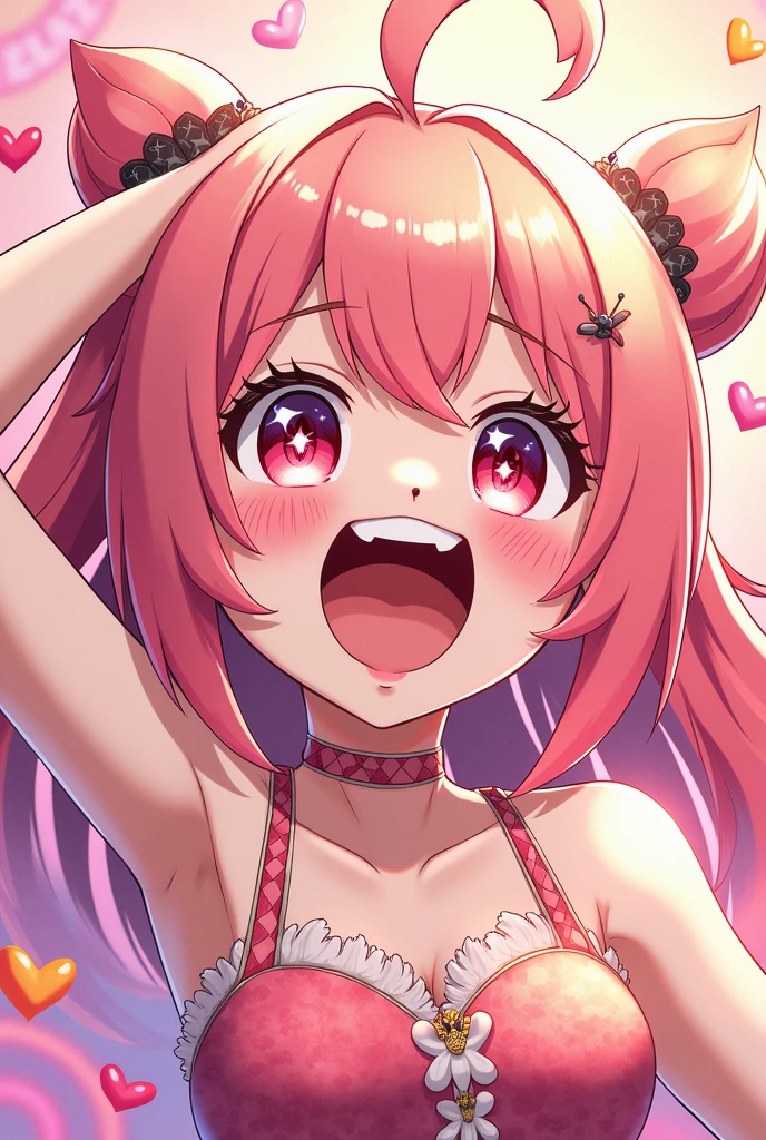 masterpiece,16k,8k,Delicate expression,highest quality,high resolution,High resolution,Sweat,1girl,look at viewer, seductive smile,sweat stains,pink hair,armpits,close up face,open mouth,long tongue,fish eye lens